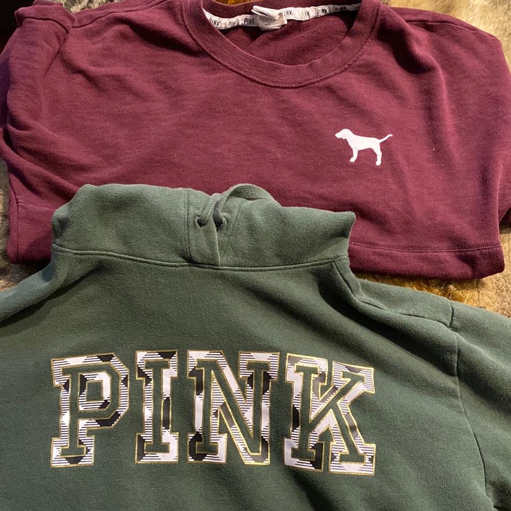 PINK VICTORIA SECRET BURGUNDY SWEATSHIRT AND GREEN HOODIE BUNDLE SZ SMALL